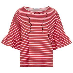Vivetta Red Stripe Face Embroidery Ruffle Sleeve Tee Top | Made in Italy Size 38